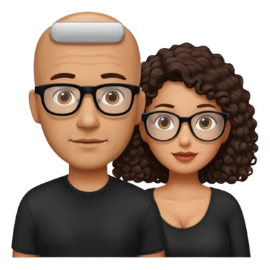 A picture of a tanned couple. the man is a Mexican man with tanned skin, with a bald hair cut, short beard and wearing a black shirt, no glasses. the woman is wearing rectangle shaped glasses, with long curly dark brown hair and with big boobs  sticker