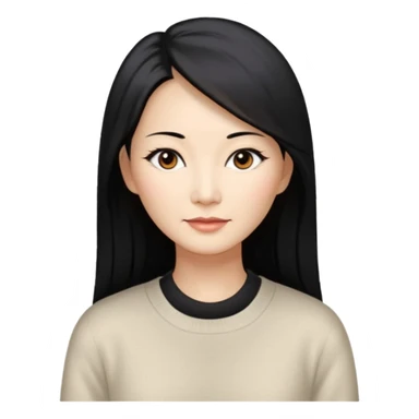 Chinese woman 51 years old, elegant sophisticated expression, long straight black hair with highlights, brown eyes, white cashmere sweater sticker