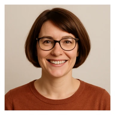 white woman with short brown bob haircut, smiling, glasses, friendly expression, simple background sticker