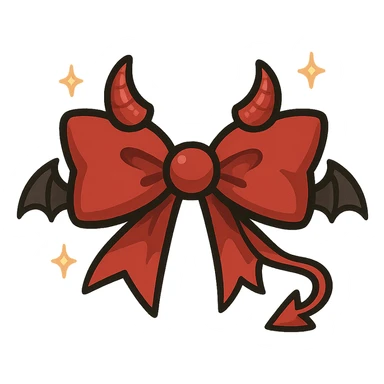 devil bow, red and black colors, small horns on the bow, pointed ends, mischievous vibe, bat wings, sparkles, chibi style sticker