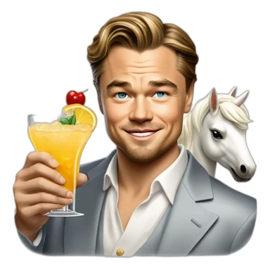 Leonardo DiCaprio smiling, raising a glass of cocktail and riding a white unicorn as a rich billionaire sticker