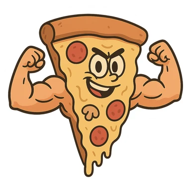 slice of pizza with big muscles, flexing arms, fun and bold style sticker