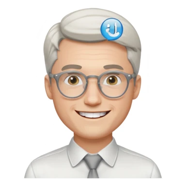 30 yr old pale white man, white/grey side swept stylish hair, round glasses, big smile, white teeth, handsome, longer hair, thin glasses, white dress shirt sticker