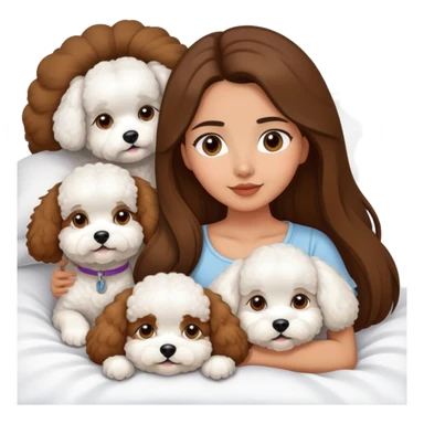 Olive skin girl with long brown hair in bed with 3 WHTE bichon frise's sticker