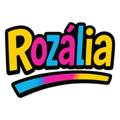 Rozália name in modern colorful gradient font with dark outline, dynamic slanted or partial underline, transparent background, in the style of reference patterns sticker