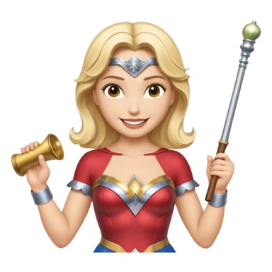 Blonde Wonder Woman holding short white orchestra conductor’s baton and bell sticker
