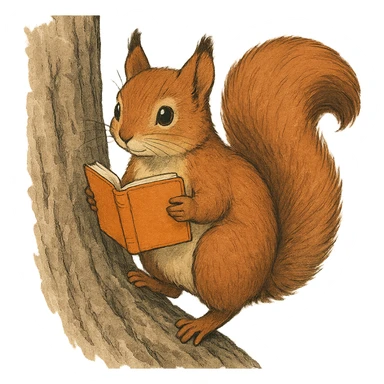 A cute brown squirrel with an orange book, studying at Siberian Federal University, climbing a tree, full body, detailed fur, intelligent and beautiful sticker