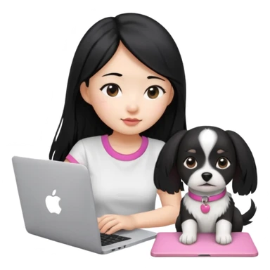 Blue back ground, Asian girl with long black hair , wearing a white t-shirt, working on an Apple laptop, next to her is a small black and white dog with pink collar on  sticker