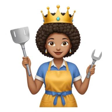 Mujer curvy afro, con vestimenta cómoda y delantal,con una corona sobre su cabeza y sonrisa contagiosa. En la mano herramientas de construcción sticker