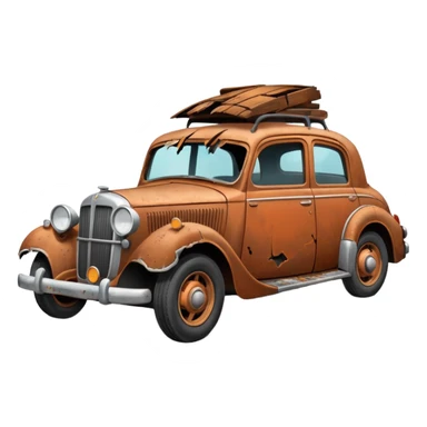 Side view of a broken-down old car with steam from the open bonnet, shattered windows, rusted doors, a flat tire, dents, peeling paint, and a grimy, neglected look. sticker