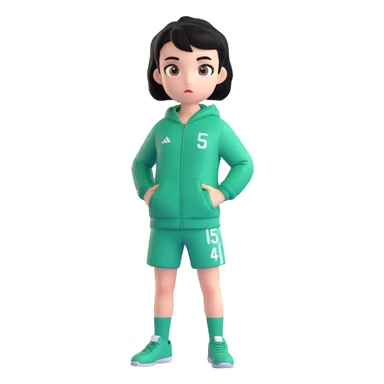 Player 456 from Squid Game, wearing green tracksuit with number 456, short black hair, determined expression, simple character pose sticker