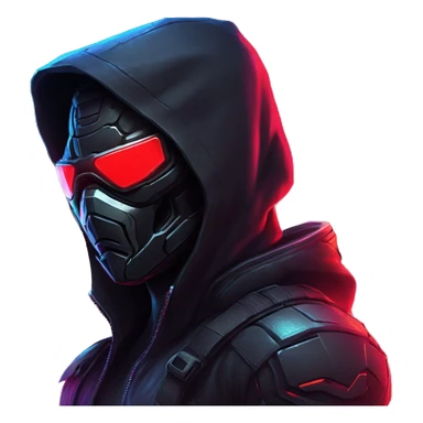 developer behind his laptop with this style : crysis Cyberpunk Riot Games Valorant neon glowing bright red character red dark black hooded assassin themed character sticker
