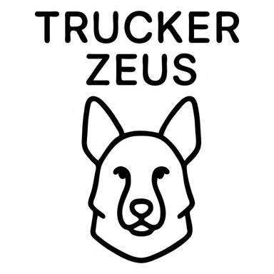 dark German Shepherd with 'Trucker Zeus' above, modern outlined icon style, text prominent sticker