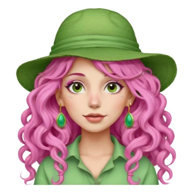 pink haired very long curly haired woman with full full face light green clay mask  and big earrings and hat sticker