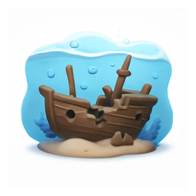 3D iPhone style emoji of a sunken ship underwater, lying on the ocean floor, broken details, surrounded by bubbles and soft blue water effect, isolated on white background, soft shadows, high detail, playful and cute. sticker
