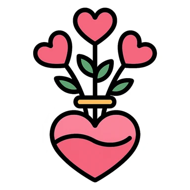 transparent vase in the shape of a pink heart, filled with flowers shaped like pink hearts, clean modern icon style sticker