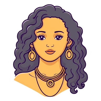 attractive Greek woman with long curly hair and light skin wearing gold hoop earrings and a gold necklace sticker