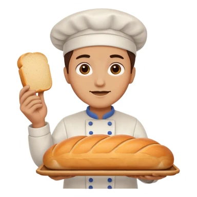 baker holding tray with big bread sticker