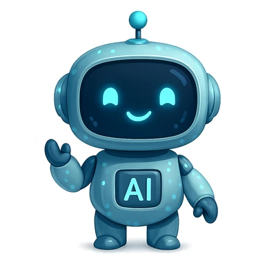 a cute robot with digital features, symbolizing AI, friendly and futuristic sticker