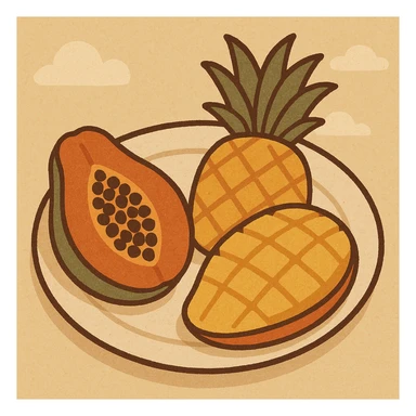 a plate with tropical fruits like pineapple, mango, and papaya, in flat warm colors illustration style sticker