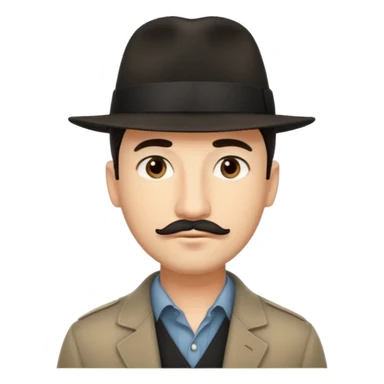 A light-skinned man with short dark hair, thin straight mustache, and a black fedora, with an oval face and calm look. sticker