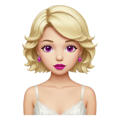 Bride with short wavy blonde hair, hot pink background and white silk chemise dress. Add fuscia background. Add fuscia lipstick sticker