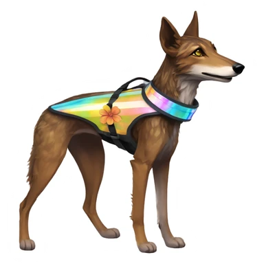  brindle brown black maroon striped lurcher Alsatian fox running blue eyes and iridescent holographic oilslick harness wearing paper iridescent tropical flower crown yellow caution tape sticker