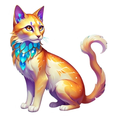 This fascinating hybrid creature combines the crystalline structure of a feline with the warm autumn foliage of a leaf being. Its core body maintains the sleek shape of a cat but is composed of translucent crystals that shift between turquoise blue and amber-orange hues. The creature's face features a blend of feline features with the gentle expression of the leaf being – sharp crystalline ears frame a round, friendly face with glowing purple-amber eyes. Most striking is how autumn leaves emerge from its crystalline body, forming a mane-like collar around its neck and sprouting along its spine and tail. These leaves shimmer with both crystalline properties and natural autumn colors – orange, gold, and deep red – with visible veining that occasionally pulses with energy. When the creature moves, the leaves rustle softly while the crystal body catches light, creating a mesmerizing display of nature and gemstone elements. full body sticker