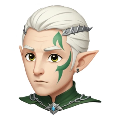 Male Elf with short white hair and rune tattoos running down the left side of his face. He has a scowl and is wearing black armor  sticker