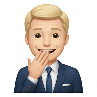 a white man in a formal suit laughs, covers his mouth with his hand sticker