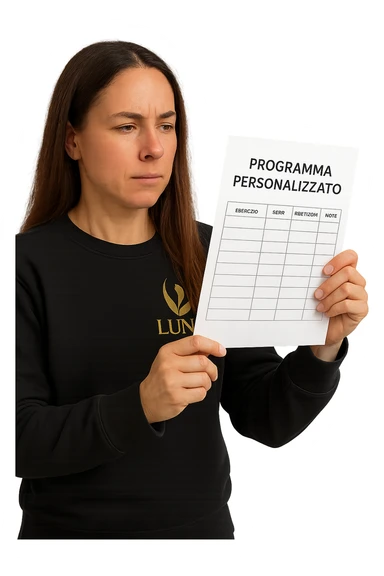 Donna con in mano Scheda di allenamento di palestra con scritto "Programma Personalizzato" sticker