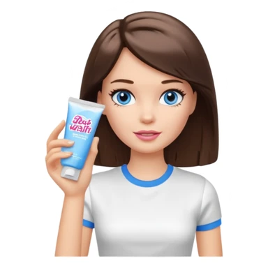 Barbie girl with makeup, blue eyes , and bob long haircut, short brown hair in white T-shirt, face Wash Cream sticker