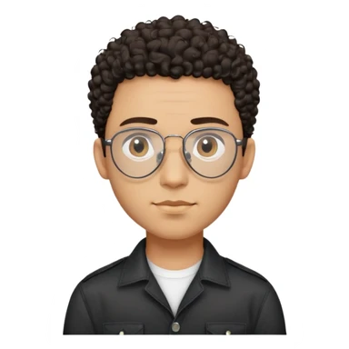 Man with small face and prominent forehead, teardrop-shaped aviator glasses, very minimal dark curly hair on top with completely shaved sides, light brown complexion, gentle expression, black button-up shirt sticker