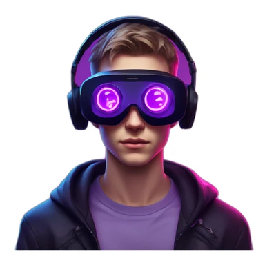 Russian young man wearing a black hoodie with "OMG" letters on it and VR headset in a cyberpunk VR environment with violet neon lighting. sticker