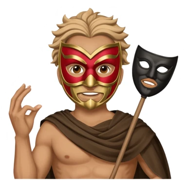 Greek thespian in full costume with a mask holding a prop sticker