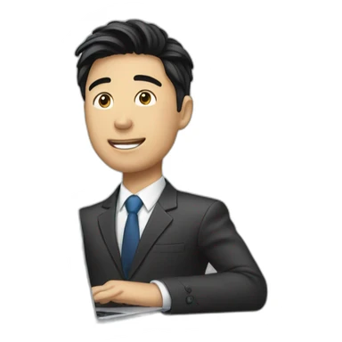 Male investment manager in professional clothes, black hair, asian, with a laptop sticker