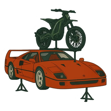 Replace the two bikes with one Sur-Ron electric bike with a green frame, mounted on the roof rack of the stylized Ferrari F40. Keep the background transparent. sticker