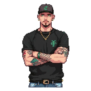 a man with a shaved head, goatee, pierced ear, and green eyes, wearing a black baseball cap backwards, black shirt, jeans, and tattoos on one arm, pixel art style, arms crossed sticker