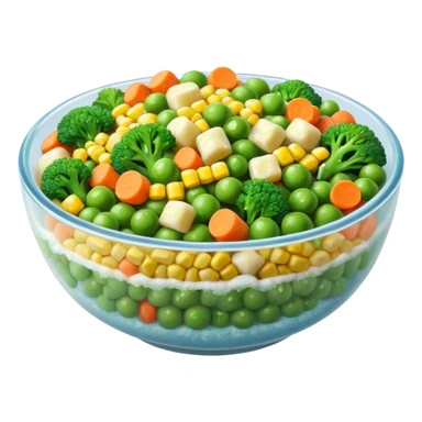 A close-up of a bowl filled with frozen mixed vegetables — peas, carrots, corn, and broccoli — covered with a light layer of frost. The colors are bright but slightly muted from freezing. Natural lighting, high-detail macro food photo. sticker