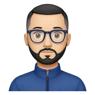 Light-skinned 40-year-old male with buzzcut black hair, gray short beard, black-framed glasses, navy blue zip-collar sports long sleeve shirt sticker