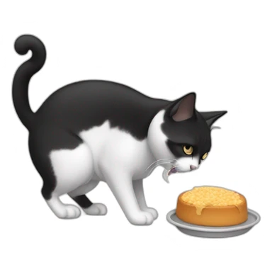 Black an white cat eating food sticker