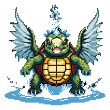 Spiky-shelled turtle with dragon wings, sharp fangs, and dangerous claws, firing a jet of water and steam from its mouth sticker