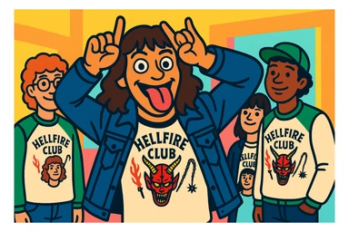 Eddie Munson in vibrant toon style, wide aspect ratio (16:9), making a playful face with hands as horns and tongue out, with Hellfire Club friends in the background, lighter vivid colors and dark outlines. sticker