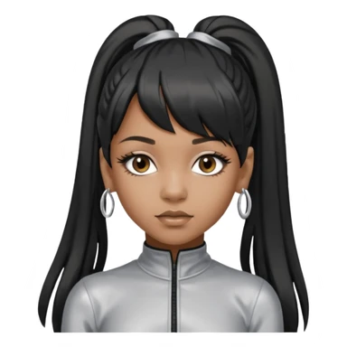 Left Eye from TLC with long black ponytail hair, silver outfit sticker