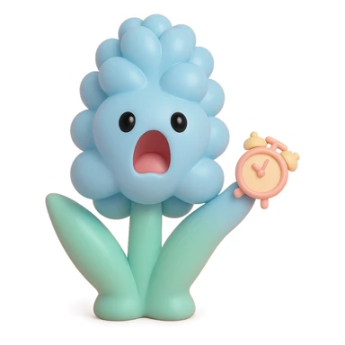 pastel blue hyacinth flower with alarmed eyes and a screaming mouth, waving a tiny alarm clock, fluffy and round, vinyl figure style sticker