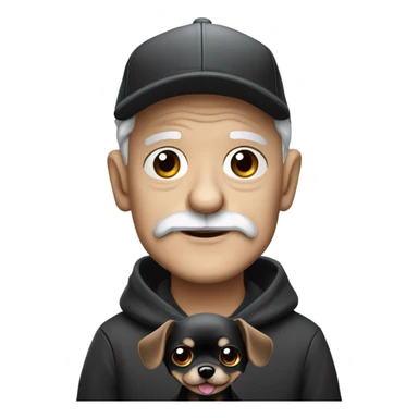 Old man with blue eyes goatee beard ball cap holding cute black long fur Chihuahua sticker