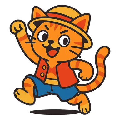 cat dressed as Luffy from One Piece, wearing a straw hat and red vest, playful pose, vibrant colors, no background, cartoon style sticker