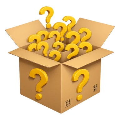  box printed with q&a over stuffed with yellow question marks sticker