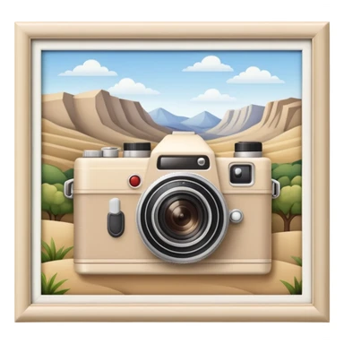 A beige camera and next to it a landscape photograph of the frame behind the camera sticker