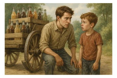 Bir g'ildiragi singan ichimliklar ortilgan arava uning yonida aka uka bir biriga havotirli nigoh bilan qarab turibdi realistik uslubda sticker